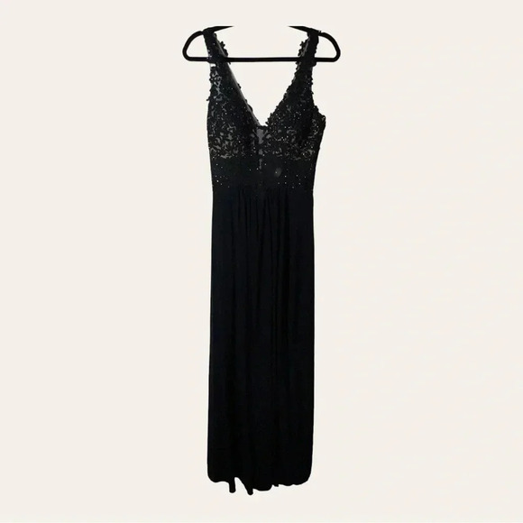 FAVIANA FORMAL MAXI DRESS THICK STRAPS BEADING FLOW DOWN STRAIGHT MESH‎ SIZE 6 - Picture 1 of 16
